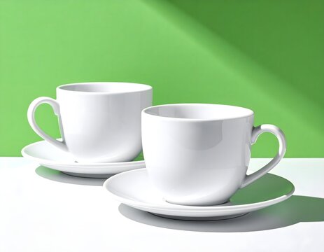 Two White Coffee Cups on Green Background
