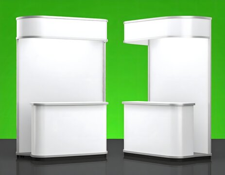 Two White Exhibition Booths on Green Background