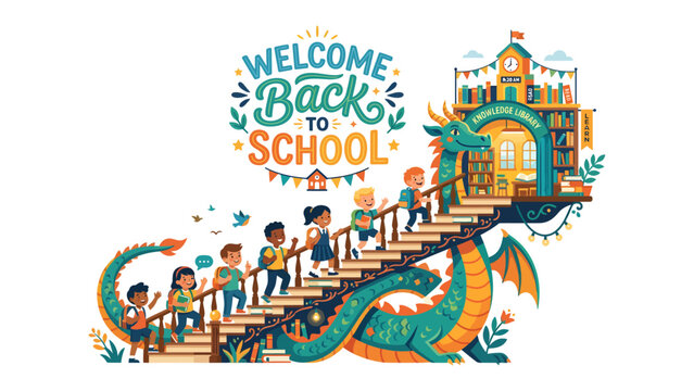 Welcome Back to School Adventure: A whimsical illustration depicts a diverse group of children ascending a vibrant staircase, guided by a friendly dragon, towards a fantastical school building.