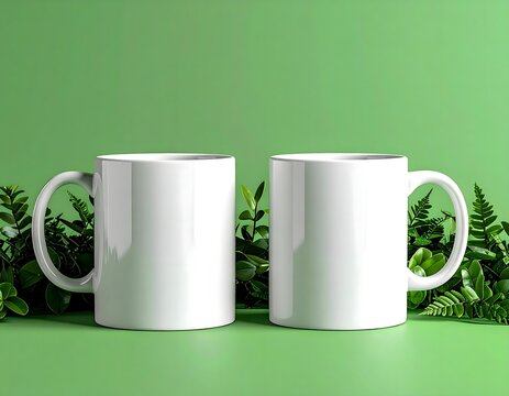Two White Mugs with Greenery