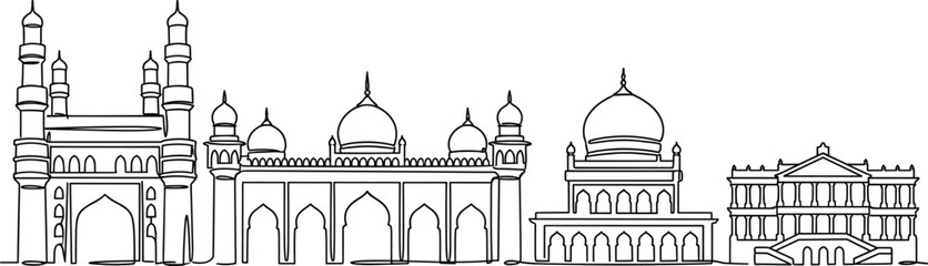 Islamic architecture skyline with mosque silhouettes, domes and minarets in black outline vector illustration © Maverick Creations