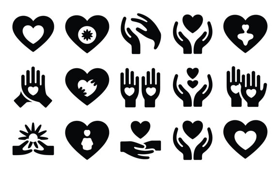 Collection of diverse black and white vector icons representing care love support and healing featuring hands holding hearts nurturing symbols and abstract human figures