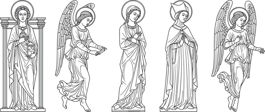 Hand-Drawn Angel Illustration Set with Various Poses and Sacred Designs for Spiritual and Religious Art Concepts