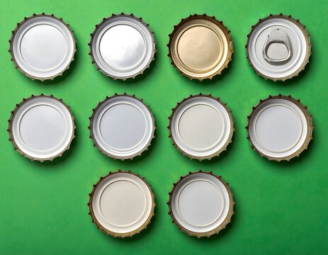 Various Bottle and Can Caps on Green Background