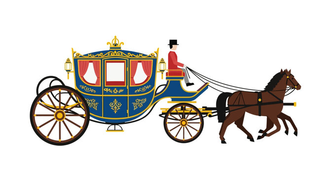 Elegant royal horse drawn carriage with a coachman driving.