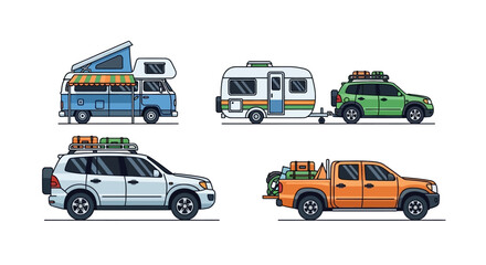 Naklejka premium Flat vector illustration of camping and outdoor adventure vehicles set.