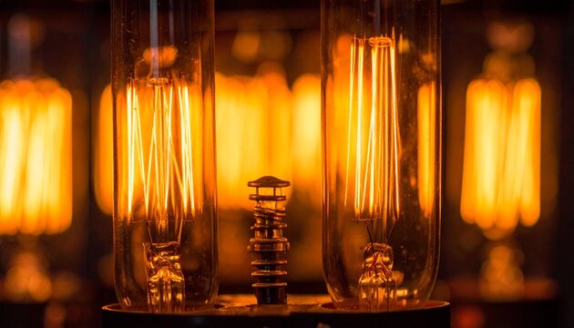 Close-up of glowing vintage vacuum tube triodes with warm orange filaments