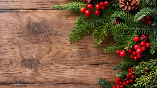 Festive evergreen branches with red berries on rustic wood.