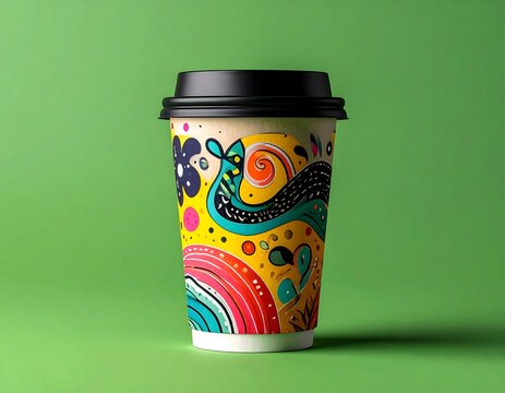 Vibrant Designed Coffee Cup on Green