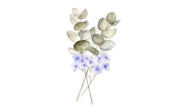 Delicate botanical watercolor illustration of green eucalyptus leaves and small purple flowers isolated on white