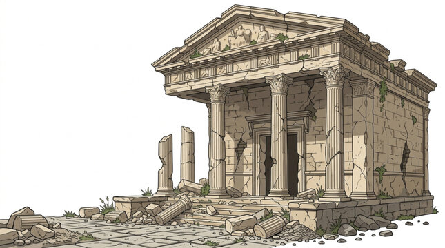 Ancient Greek Temple Ruins Architectural Illustration.
