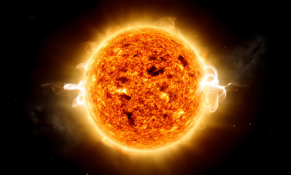 Intense glowing sun with burning surface and solar flares radiating in dark outer space