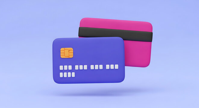 Two 3D rendered credit cards with chip and magnetic stripe floating on a light blue background 3D render online shopping e commerce digital payment method credit card debit card