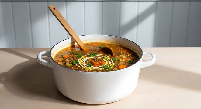 Hearty vegetable soup in a white pot with wooden spoon. marmite