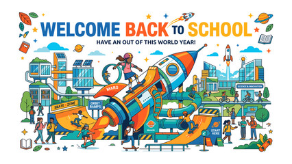 Fototapeta premium Back to School Blast Off: A vibrant illustration depicts students embarking on an out of this world school year, with a giant rocket ship at the center, surrounded by futuristic school buildings.