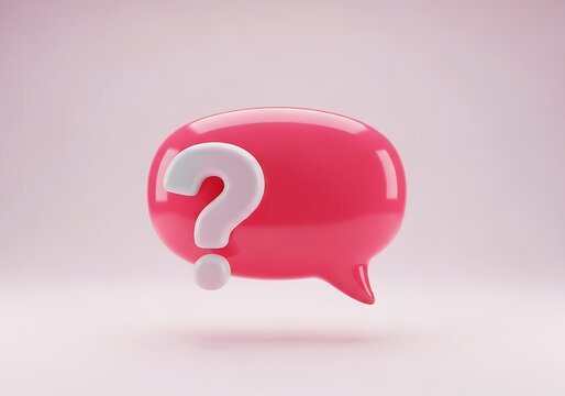 3D rendered pink speech bubble with white question mark symbolizing inquiry help support frequently asked questions (faq) question communication solution thinking brainstorm frequently