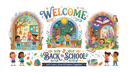Welcome Back to School Art: A vibrant, whimsical illustration depicting the joys and wonders of returning to school, with scenes of classroom learning, music, and reading.