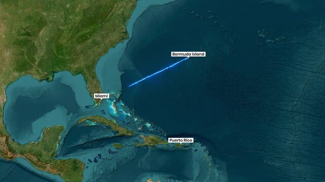 Animated map showing the Bermuda Triangle connecting Miami, Bermuda, and Puerto Rico