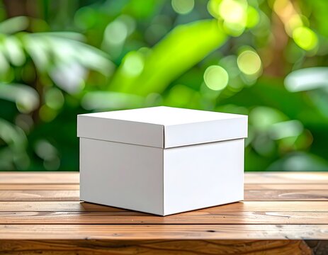 White Box on Wooden Table with Green Bokeh Background