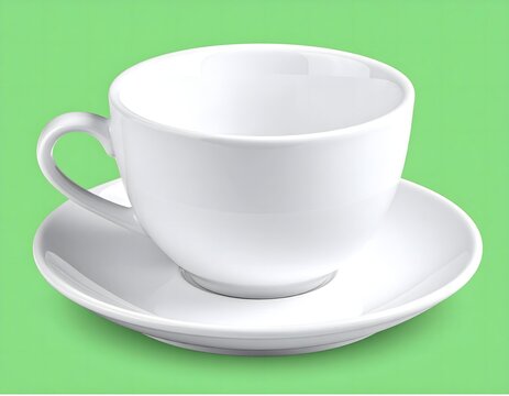 White Ceramic Cup and Saucer on Green Background