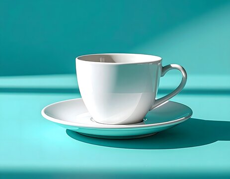 White Ceramic Cup and Saucer on Teal Background