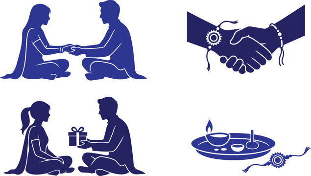 Raksha bandhan festival icons: silhouetted siblings exchanging gifts hands shaking with rakhi bracelets a puja thali with diya and sweets festival bracelet tradition celebration protection