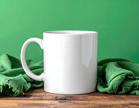 White Ceramic Mug Mockup on Wooden Table