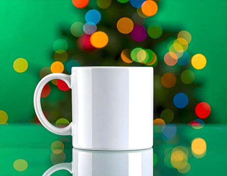 White Ceramic Mug with Festive Bokeh Background