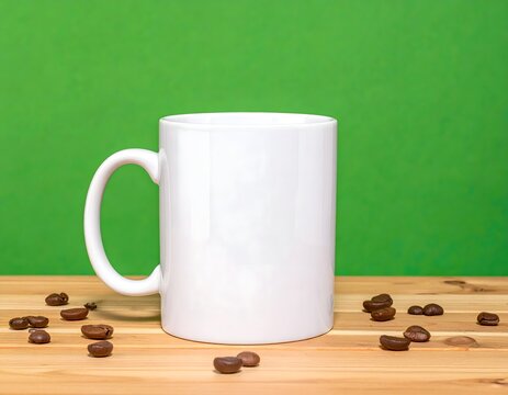 White Ceramic Mug with Coffee Beans on Wood and Green Background