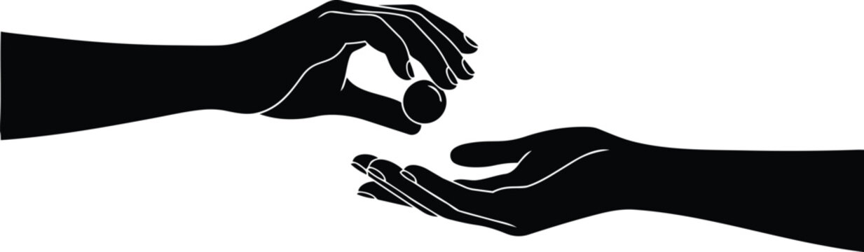 Hand giving coin to another open hand silhouette with donation generosity receiving financial exchange transaction assistance offering kindness sympathy business investment