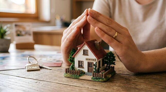 Hands Protecting Miniature House: Home Insurance Concept
