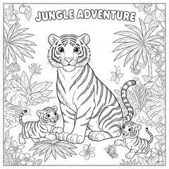Naklejka premium Jungle adventure with mother tiger and two cubs surrounded by tropical plants and flowers transparent background