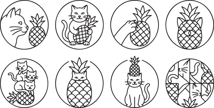 Tropical cats with pineapples and summer fruit motifs icons