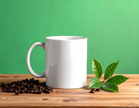 White Coffee Mug with Coffee Beans and Green Leaves