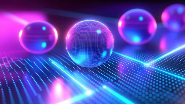 Bright lights and reflective spheres fill the digital space. The display features vibrant colors and patterns that move in a rhythmic manner, captivating viewers with its design