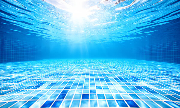 Clear Blue Swimming Pool Underwater View with Sunlight Refractions and Tiled Floor Background