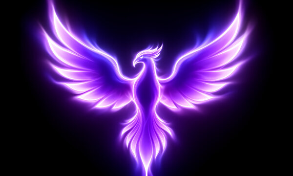 Glowing Purple Phoenix Bird Rising With Spread Wings Isolated on a Black Background