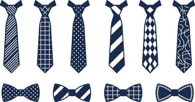 Set of various classic neckties and bowtie accessories isolated on white background flat