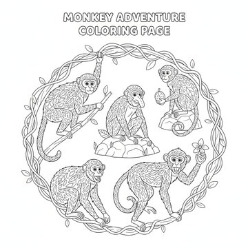 Monkey adventure coloring page with five monkeys and vines on white background transparent background