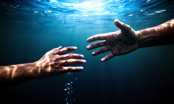 Two hands reaching out towards each other underwater symbolizing help rescue connection and hope