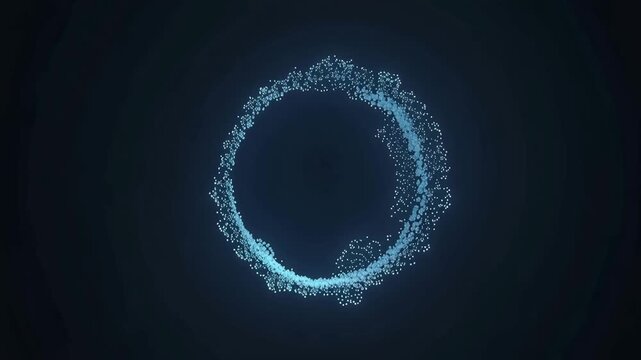 Abstract blue glowing particle ring swirling in dark space digital animation science technology