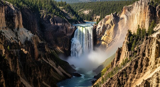 Majestic waterfall plunging into a canyon surrounded by pine forests.