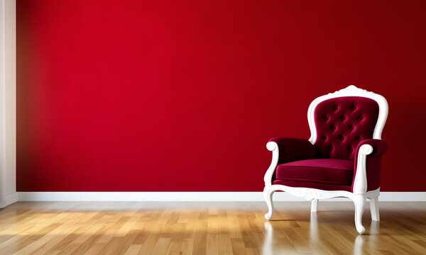 Elegant red velvet armchair against a deep red wall in modern living room interior