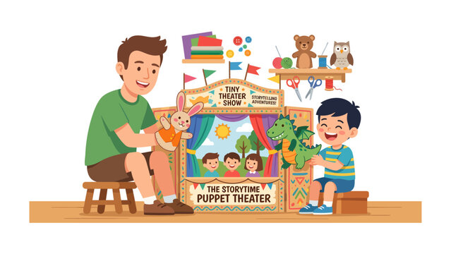 A Father and Son's Puppet Show: A heartwarming scene where a father and son joyfully put on a puppet show for their imagined audience.