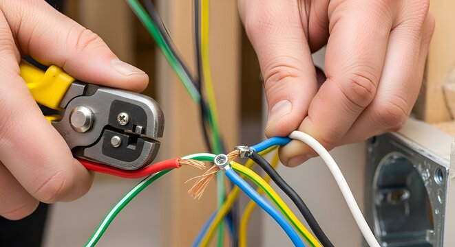 Electrician working with electrical wires, cutting cable
