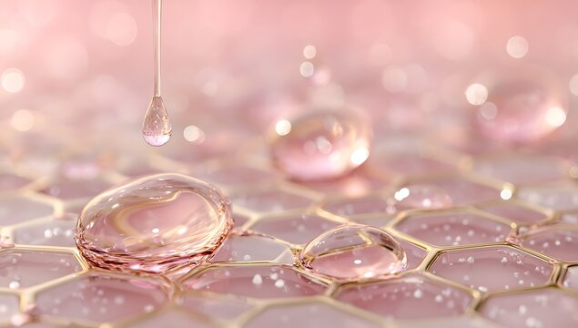 3d epidermis skin layer with hexagon cell pattern and molecule. Gold liquid honeycomb texture with cosmetic oil drop, collagen serum, retinol vitamin, hyaluron essence for moisture. 3D illustration