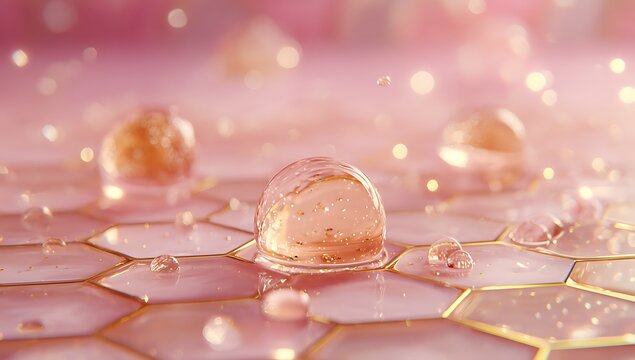 3d epidermis skin layer with hexagon cell pattern and molecule. Gold liquid honeycomb texture with cosmetic oil drop, collagen serum, retinol vitamin, hyaluron essence for moisture. 3D illustration