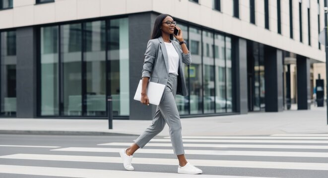 Confident African American Professional Woman in Grey Suit Crossing Street with Laptop and Phone