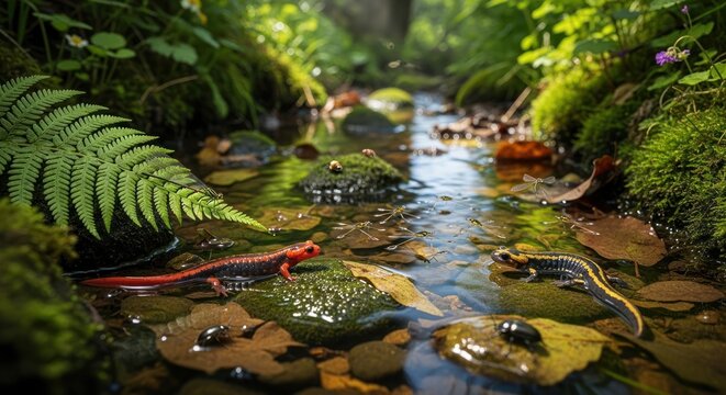 Forest stream teeming with life including salamanders and dragonflies.