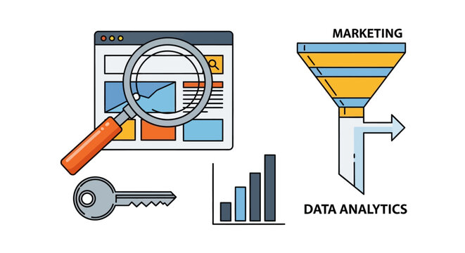 Digital marketing and data analytics illustration with business SEO icons